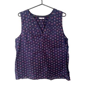 GAP Navy Blue Pink Floral Pattern Pintucked Sleeveless Cotton Blouse‎